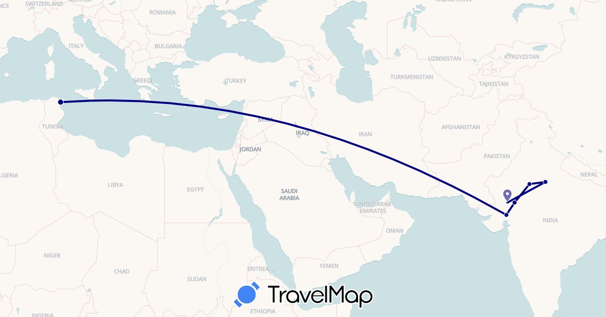 TravelMap itinerary: driving in India, Tunisia (Africa, Asia)